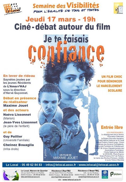 Demain soir à 19h au Local, dans le cadre de la Semaine des Visibilités, ciné-débat autour du moyen métrage de Maxime Jouet "Je te faisais confiance" un film choc pour dénoncer le harcèlement scolaire.