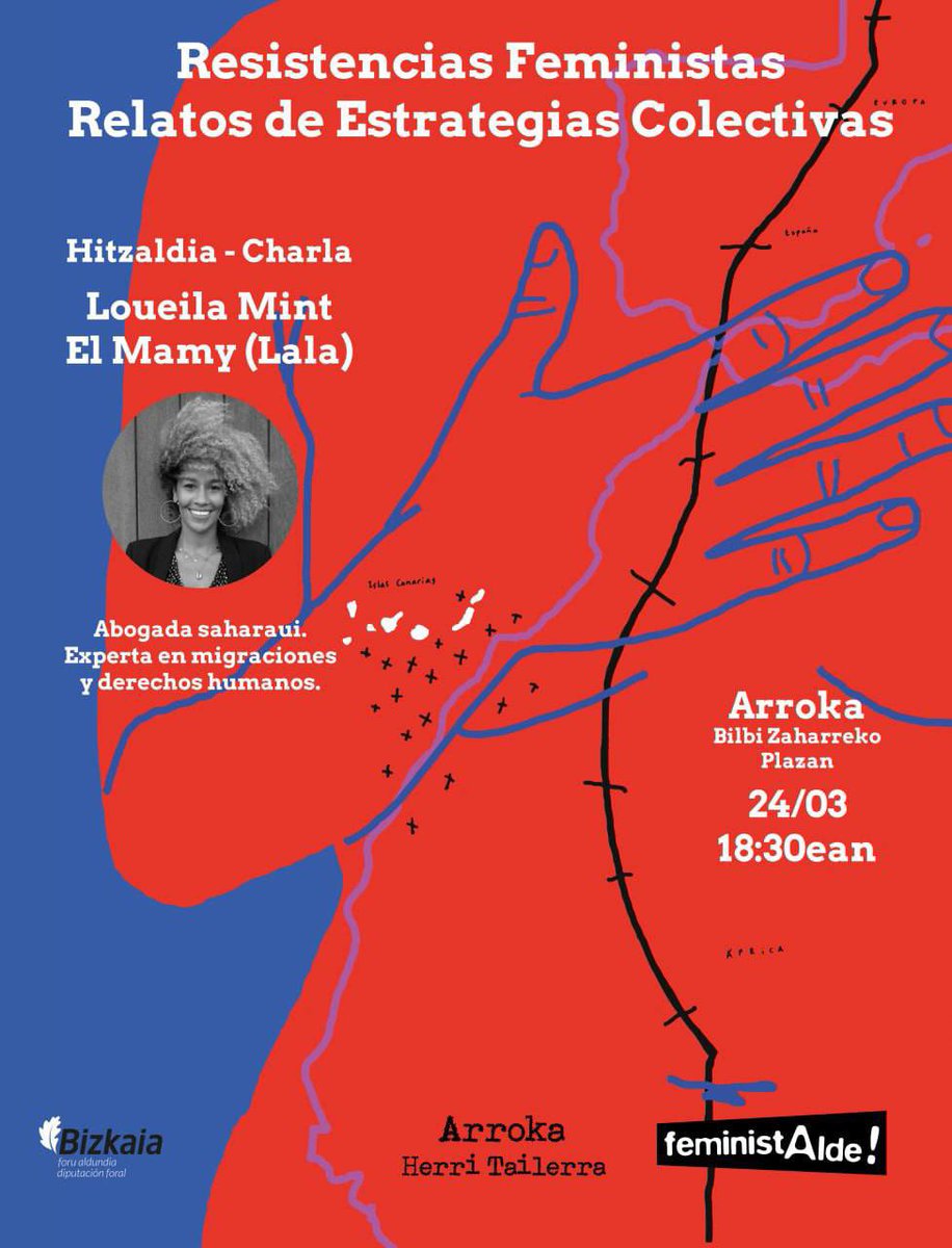 feministalde's tweet photo. Adi! 📣🟣 Erresistentzia feministak/Estrategia kolektiboen kontakizunak. 

🗣| Loueila Mint El Mamy @Lalailmo 
abokatuaren hitzaldia, Kanaria uharteetan migratuek eta errefuxiatuek bizi duten egoeraz.

📅| Osteguna, 24, 18:30ean Arrokan (Bilbo Zaharra plaza, 15). Toki mugatuak. https://t.co/4CDU0N902s