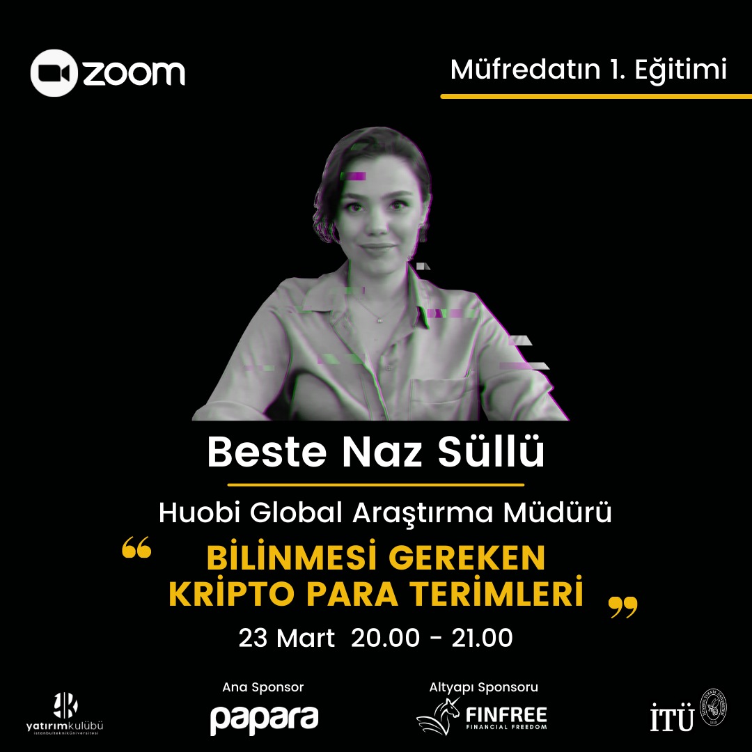 Kripto Para Yarışması müfredatının ilk eğitiminde terimlerden bahsedeceğiz! 

Beste Naz Süllü, 23 Mart Çarşamba 20.00'da Zoom üzerinden gerçekleştireceğimiz "Bilinmesi Gereken Kripto Para Terimleri" etkinliğinde bizimle olacak. 

Kayıt Linki: forms.gle/DNdCAG6Qj6YPTX…

#sanalborsam