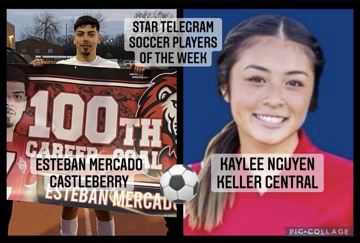 Gosset41's tweet photo. Congrats to Castleberry’s Esteban Mercado &amp; Central’s @KayleeNguyen24 on being @dfwvarsity high school soccer players of the week! Esteban scored his 100th career goal for @CHSLionSoccer while Kaylee kept @CHS_LCS playoff dreams alive with the GW in the final seconds vs Byron https://t.co/VxF9ChkxJA