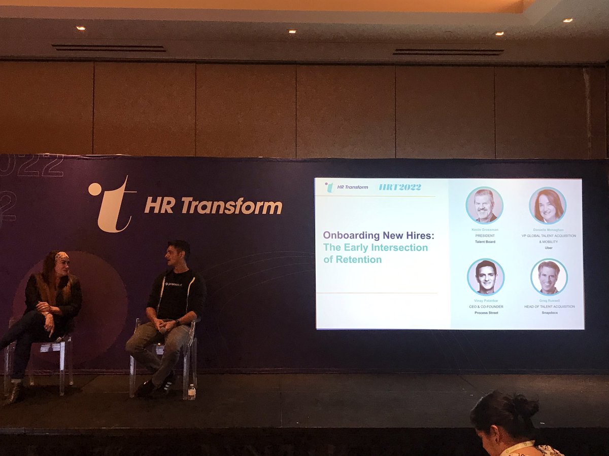 taraannlarson's tweet photo. Full house for @vinayp10, @DaniMonaghan, @gregru, and @KevinWGrossman talking about “Onboarding New Hires: The Early Intersection of Retention” - excited for insights from @uber @ProcessStreet and @snapdocs 🙌
#HRT2022 #hrtransform #EmployeeExperience #employeeonboarding https://t.co/F7bt3cWpfC