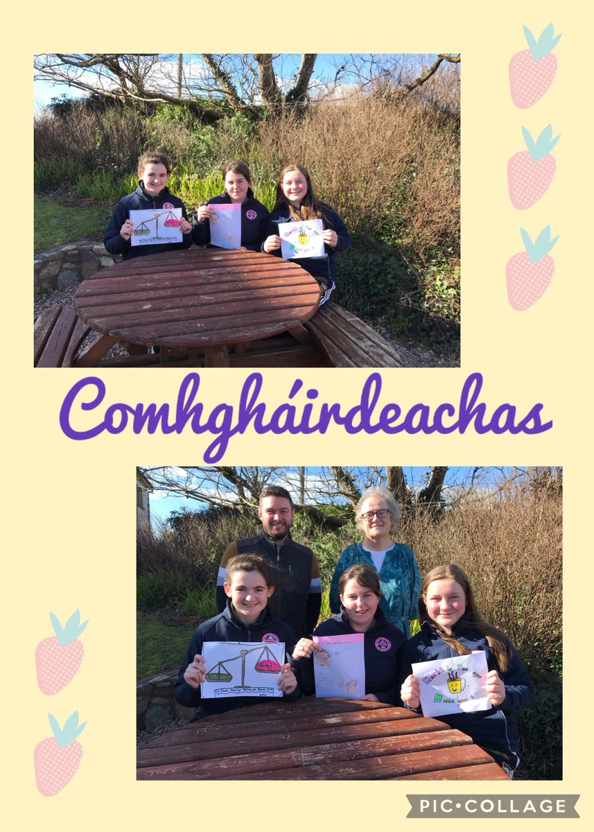 Comhgháirdeachas le Bróna, Saoirse agus Síofra ó Bhliain 1 a bhuach duais airgid as ucht a gcuid iarrachtaí le linn Sheachtain na Gaeilge 2022. Postaeir áille deartha acu bunaithe ar sheanfhocal/nath cainte áitiúil. 🙏🥳 🖼 ☘️ #SnaG22