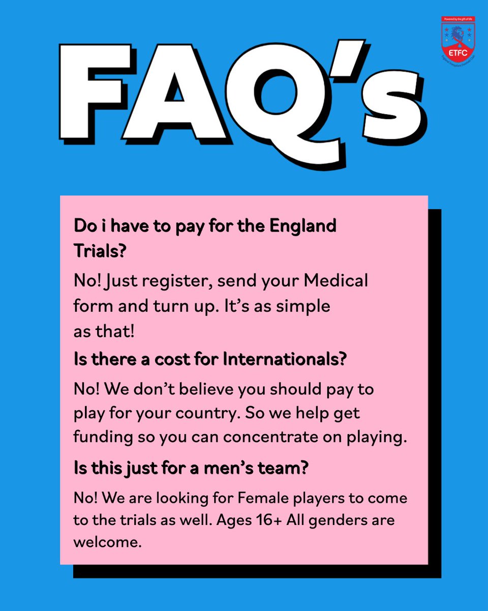 England_TFC's tweet image. 💥 Here's some Frequently Asked Questions we are being asked about the Liverpool &amp;amp; St Georges Trials 💥

4️⃣ days left to register for the Northern Trials 👇transplantfootball.com/trials-registr…

Get Involved as a Player | Coach | Supporter
transplantfootball.com/get-involved/
