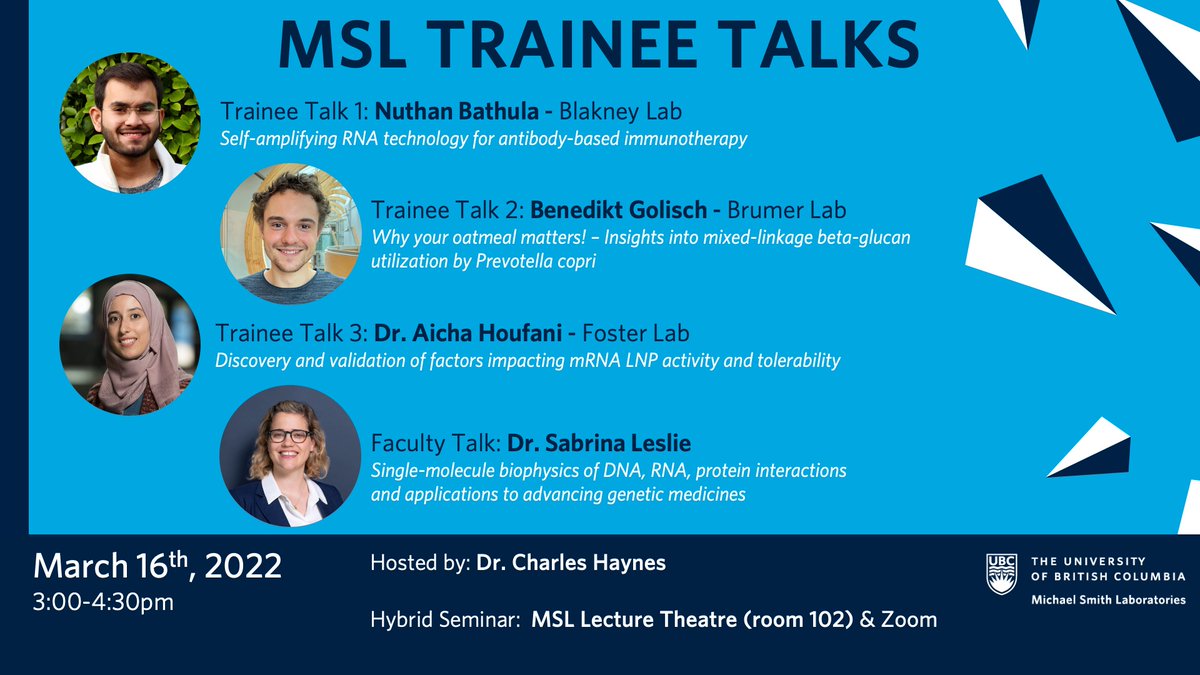 ubcmsl's tweet photo. 🗓️Join us for the March edition of MSL Trainee Talks today at 3pm, PST!
Featuring trainee talks by #BlakneyLab, @BrumerLab & #FosterLab and a faculty talk by Dr. @SabrinaRLeslie.
Join in person at the MSL or by zoom:
https://t.co/cPpiJlYgVO https://t.co/FYuRJulUNK