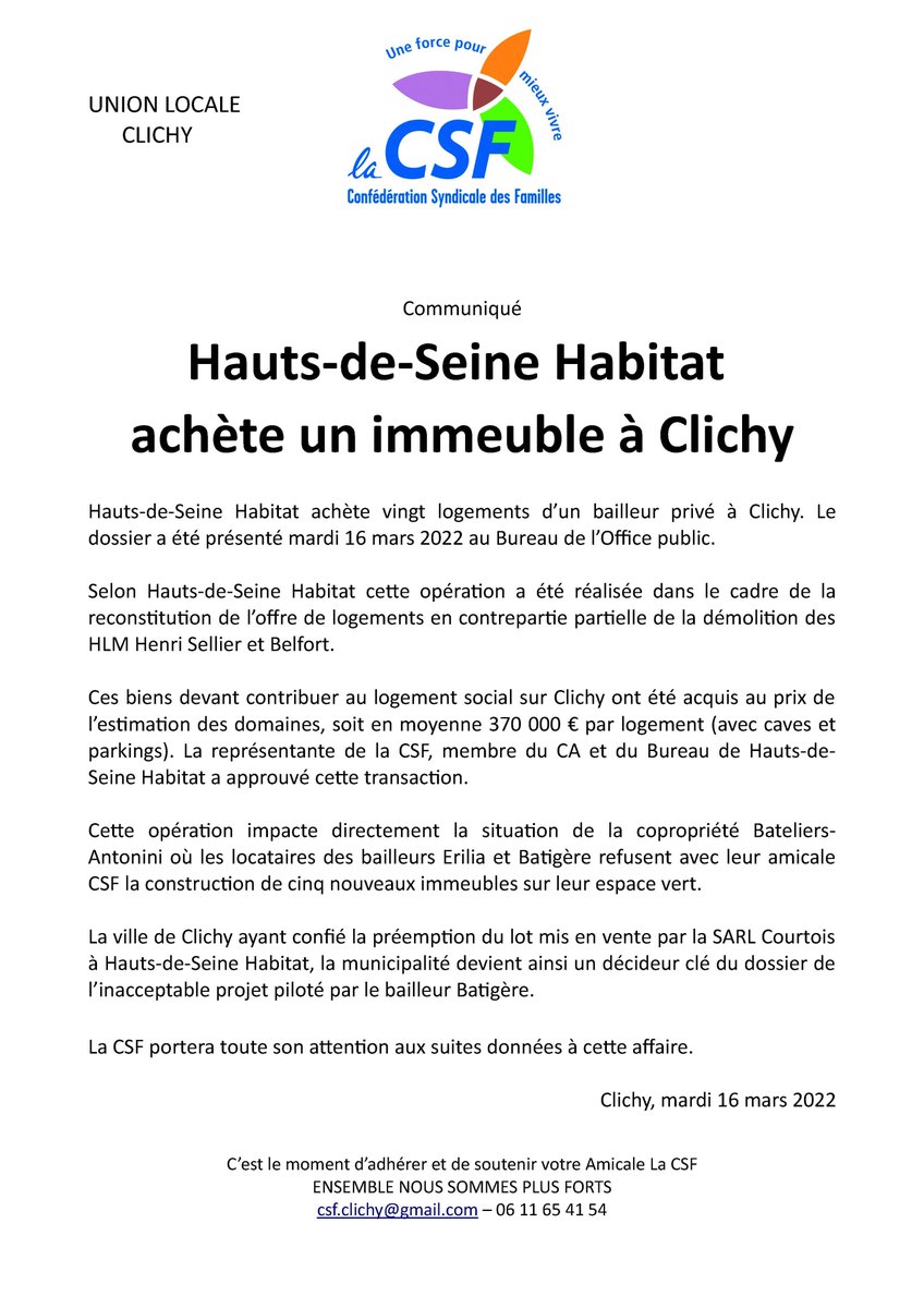 CsfUd92's tweet photo. Hauts-deSeine Habitat achète un immeuble #clichy 
Communiqué de #laCSF
#HLM https://t.co/OPiLUCzX4m