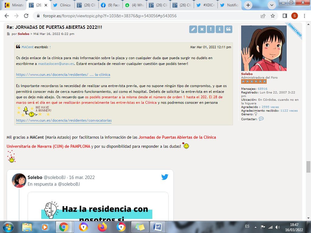 soleboBJ's tweet photo. Mil gracias @ClinicaNavarra por poner a nuestra disposición en  @ForoPIR este recurso tan valioso para los futuros PIRes! 
Pinchad enlace para + inform de interés
👇👇
https://t.co/4D56aysDAd… 
N/ gratitud tb @MariaAstasio por tu dedicación y colaboración👏👏
 #SoleboPIRPlazas https://t.co/0y1QXJLMa7