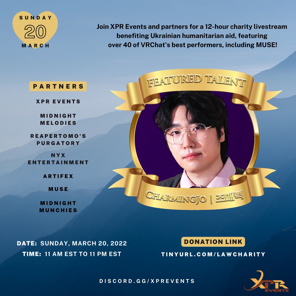 XPR_Events_'s tweet photo. The "Love Always Wins" charity livestream is pleased to welcome @RealCharmingJo to the show!

He'll be performing at 10:30 p.m. EST!

Let's get some more East Asian rep in here - everyone's welcome to join the cause!

https://t.co/BIal2hvBoq

#LoveAlwaysWins #ProjectHope #Ukraine https://t.co/yg37XjiuCw