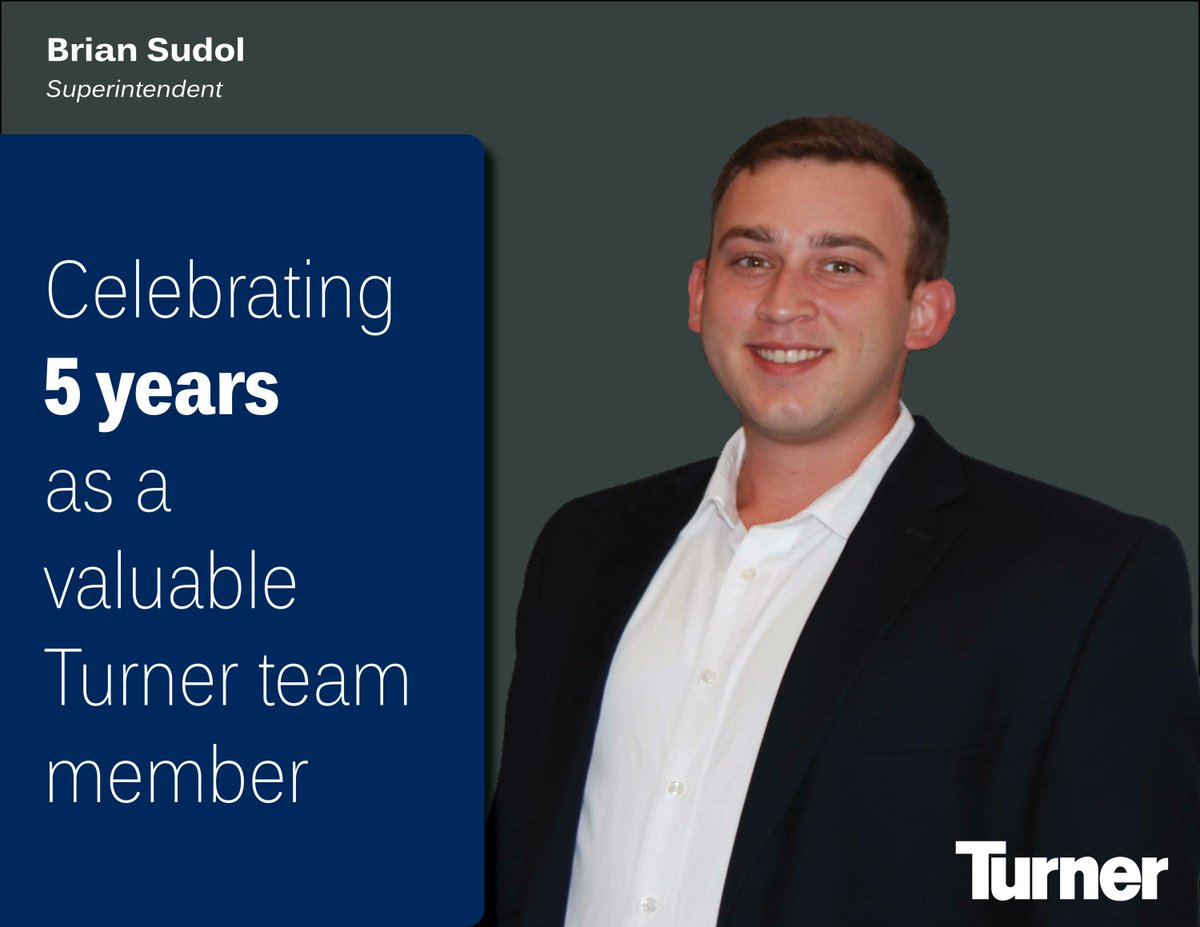 TurnerMidAtl's tweet photo. Congratulations to Brian Sudol on his first 5 years with Turner! Thank you for your dedication and hard work Brian!
.
#TurnerVersary #WorkForTurner #TurnerMidAtlantic #TurnerConstruction #Turner_Talk #TurnerYoungProfessional #TurnerDifference https://t.co/pkZnwv5baV