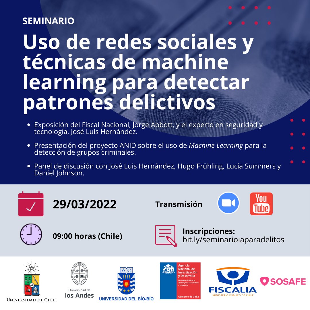 csp_uchile's tweet photo. | Evento | No te pierdas este Seminario donde, además de destacadas exposiciones, presentaremos un proyecto ANID que a través de la inteligencia artificial detecta estructuras de criminalidad, aumentando la eficacia de la persecución penal. 

Inscríbete 👉 https://t.co/3ndGnKgBFv https://t.co/xrORe6UNL6