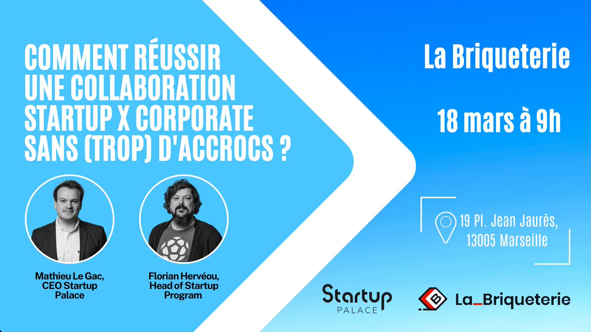 Startup_Palace's tweet photo. 📣@Startup_Palace débarque à Marseille J-2📣
Tic tac, tic tac...⌛️ Il vous reste moins de 2 jours pour vous inscrire au talk sur la collaboration #startup x #corporate et les bonnes pratiques !
Rdv 18/03 mars à 9h à La @brqtr_mrs🗓️ 
Inscription👉🏼 https://t.co/SfqfRMV69R https://t.co/SAHxCArubS
