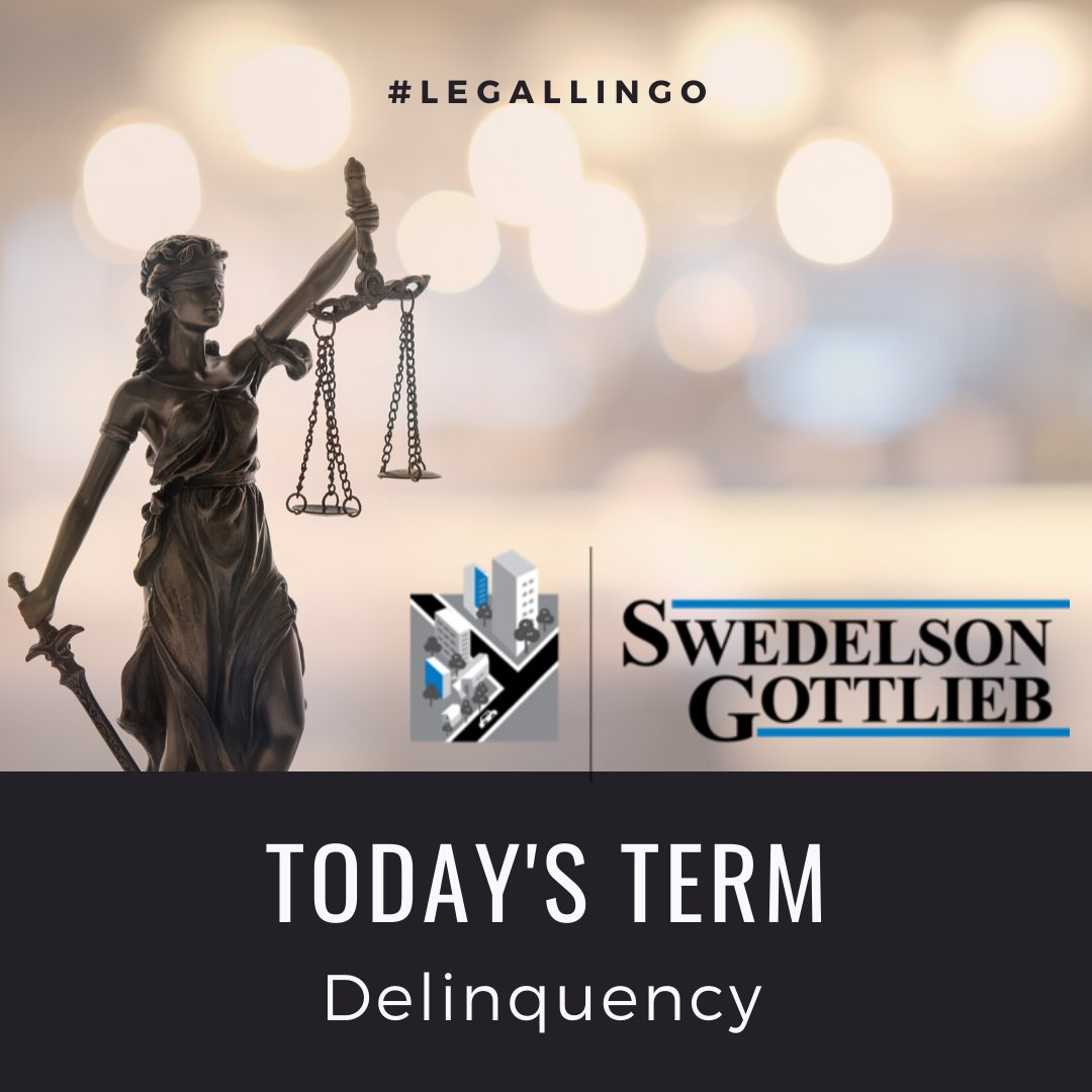 SwedGottHOALaw's tweet photo. Today's Term: Delinquency
A natural person or entity failing to perform an obligation is a delinquency. In the community association industry, the use is commonly connected with non-payment of assessments.

#HOALaw
#CondoLaw
#HOALawBlog
#LawForHOAs https://t.co/qOo5K0GeFF