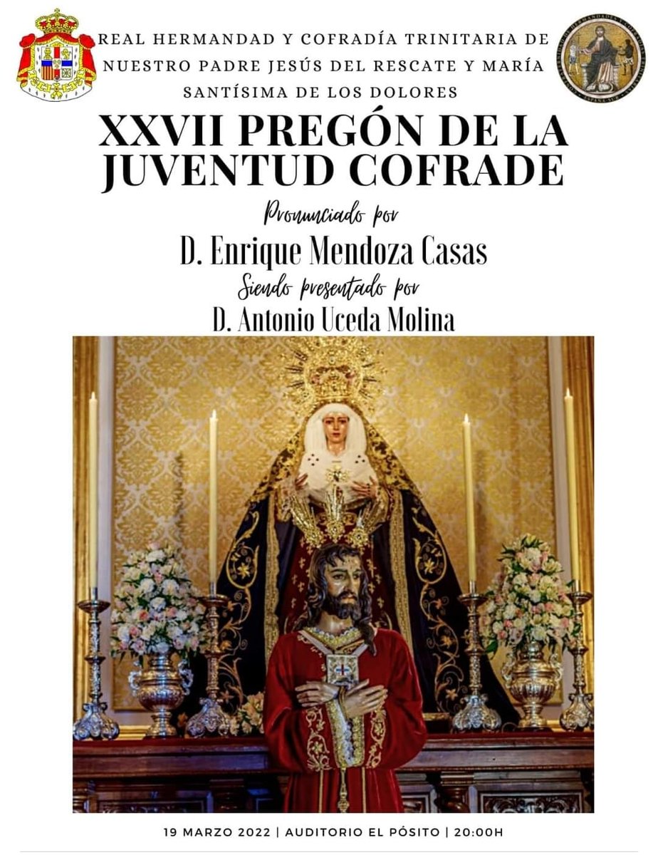 BCRescateLin's tweet photo. 🔴🔵 XXVII PREGÓN DE LA JUVENTUD COFRADE

El próximo sábado 19 de marzo a las 20:00 horas tendrá lugar, en el Auditorio del Pósito, el XXVII Pregón de la Juventud Cofrade a cargo de nuestro querido Director de Percursión Enrique Mendoza Casas "LALI".

#BandaCabeceraRescate #Lali https://t.co/DVkWc28j5t