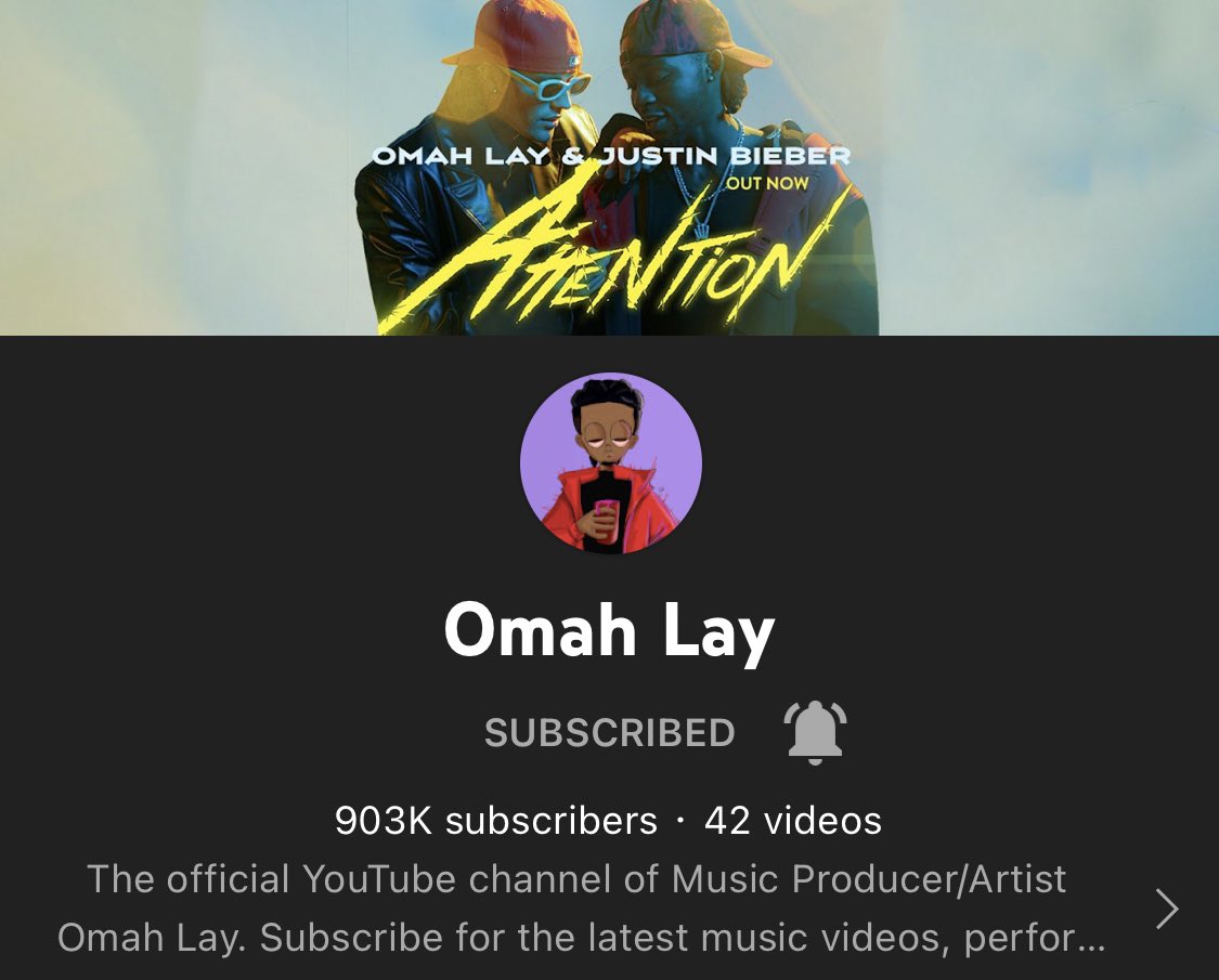 OmahlayStats's tweet photo. •@Omah_Lay has surpassed 900K subscribers on YouTube 💜💜💜 https://t.co/0SMTcPWZ6v