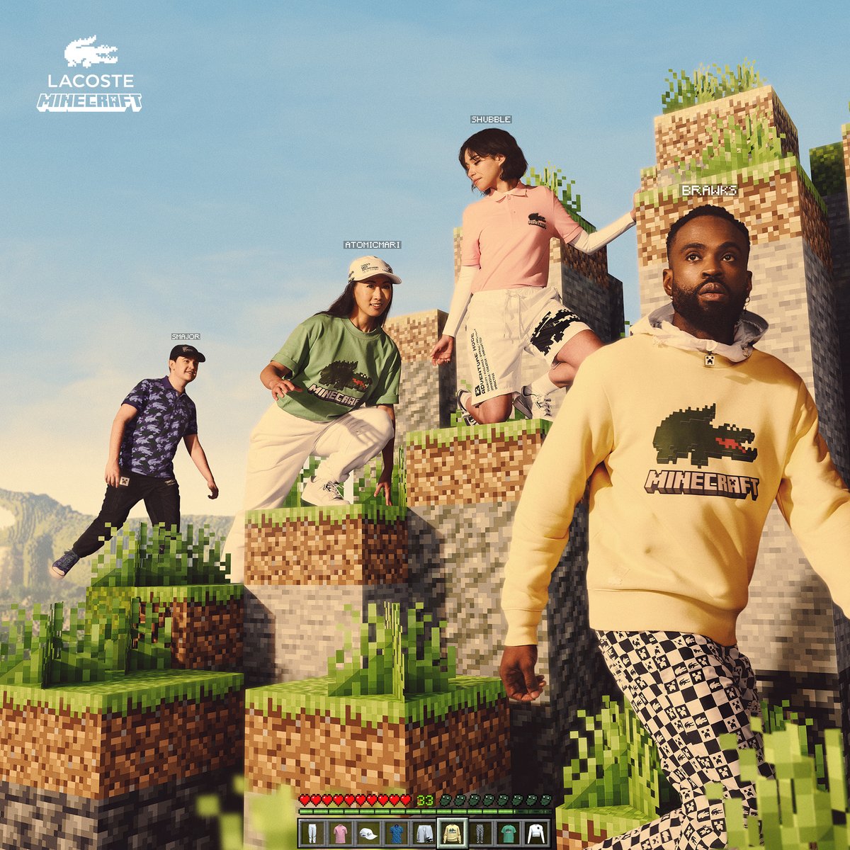 Minecraft's tweet photo. It all begins with play, and it launches right now! Minecraft meets @LACOSTE in an out-of-this-overworld apparel collaboration! #LacostexMinecraft 

Learn all you need to know about this block-breaking collection:

🐊 https://t.co/sCVDsws1Gn https://t.co/PfwFtV8s2Z