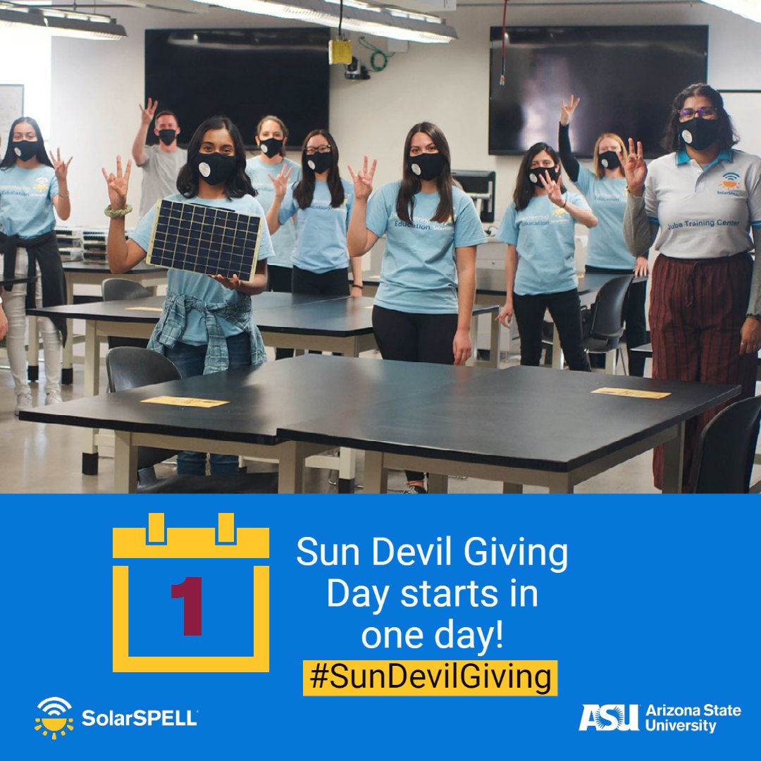 SolarSPELL's tweet photo. Tomorrow is Sun Devil Giving Day!!
 
Spread the word by using the hashtag #SunDevilGiving, and help us reach our $10,000 matching challenge in 24 hours on March 17th!

#ASUImpact #EmpoweringLearners #MakeaDifference #arizonastateuniversity #studentscholarship #matchingcampaign https://t.co/fXCOyPydzd