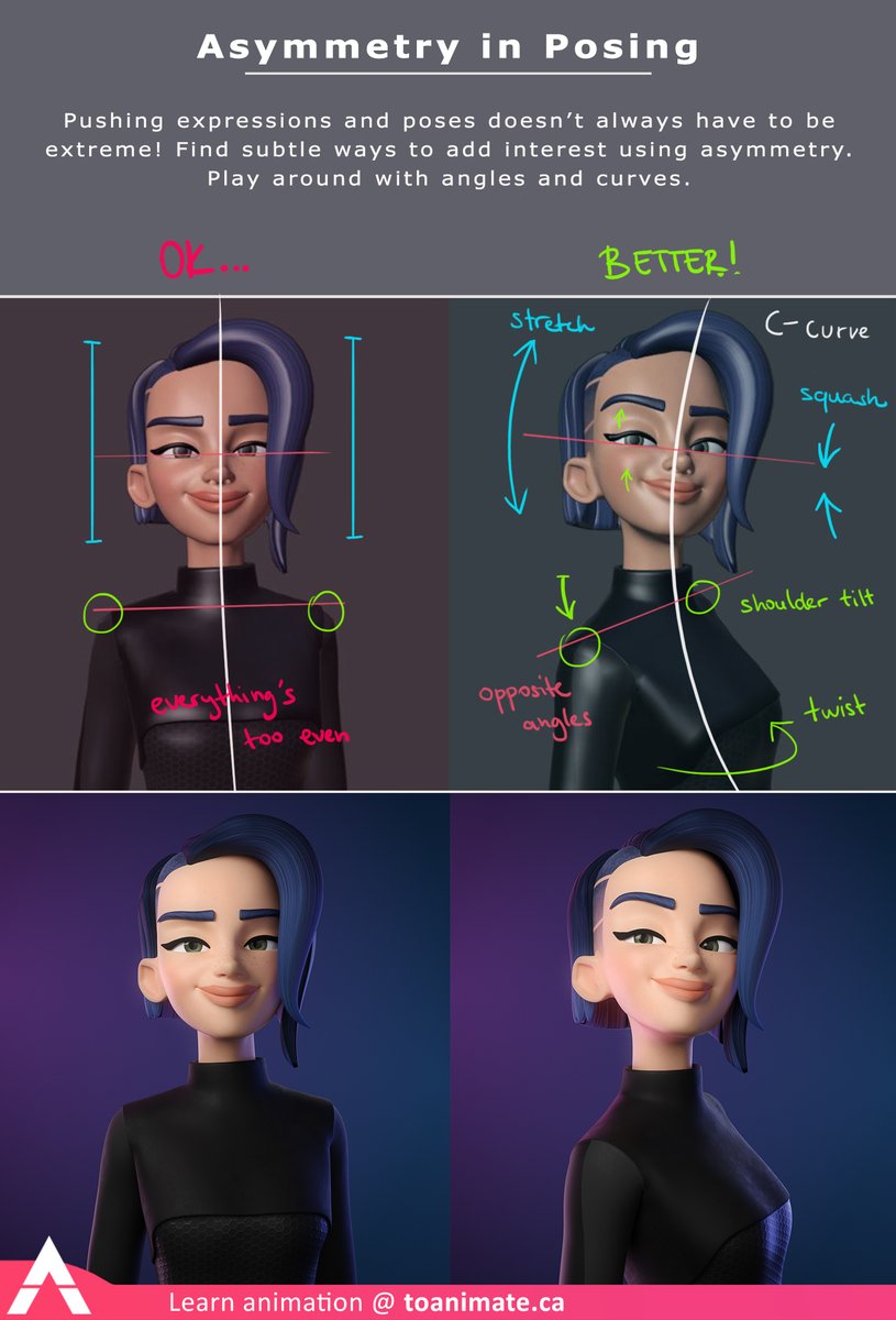 TOAnimate_'s tweet image. 👀 Animation Tips!
🤸‍♂️ How to make your poses more interesting!

⏩Here&apos;s an infographic from our #newsletter, where we&apos;ve been sharing monthly animation tips and course updates 🟣 toanimate.ca

#animation #animationtip #b3d #3danimation #animationtips #course