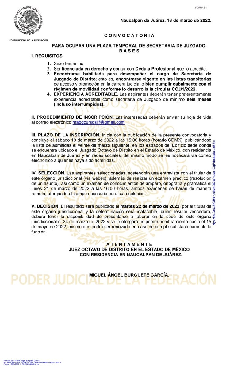 Miguel_Burguete's tweet photo. CONVOCATORIA PARA OCUPAR UNA PLAZA DE SECRETARIA DE JUZGADO DE DISTRITO MIXTO. 

Favor de leer las bases con atención,  ahí vienen fechas, medios de contacto e instrucciones.

Saludos! https://t.co/zLfRIY8P9g