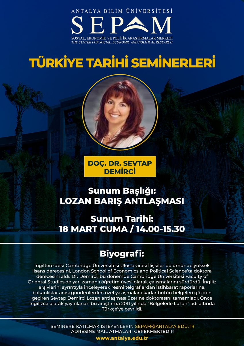 abupols's tweet photo. Hatırlatma! SEPAM Türkiye Tarihi Seminerlerimizin ikincisi 18 Mart'ta gerçekleşecektir. Katılım için sepam@antalya.edu.tr adresine mail atabilirsiniz. https://t.co/gcxqeVBlDr