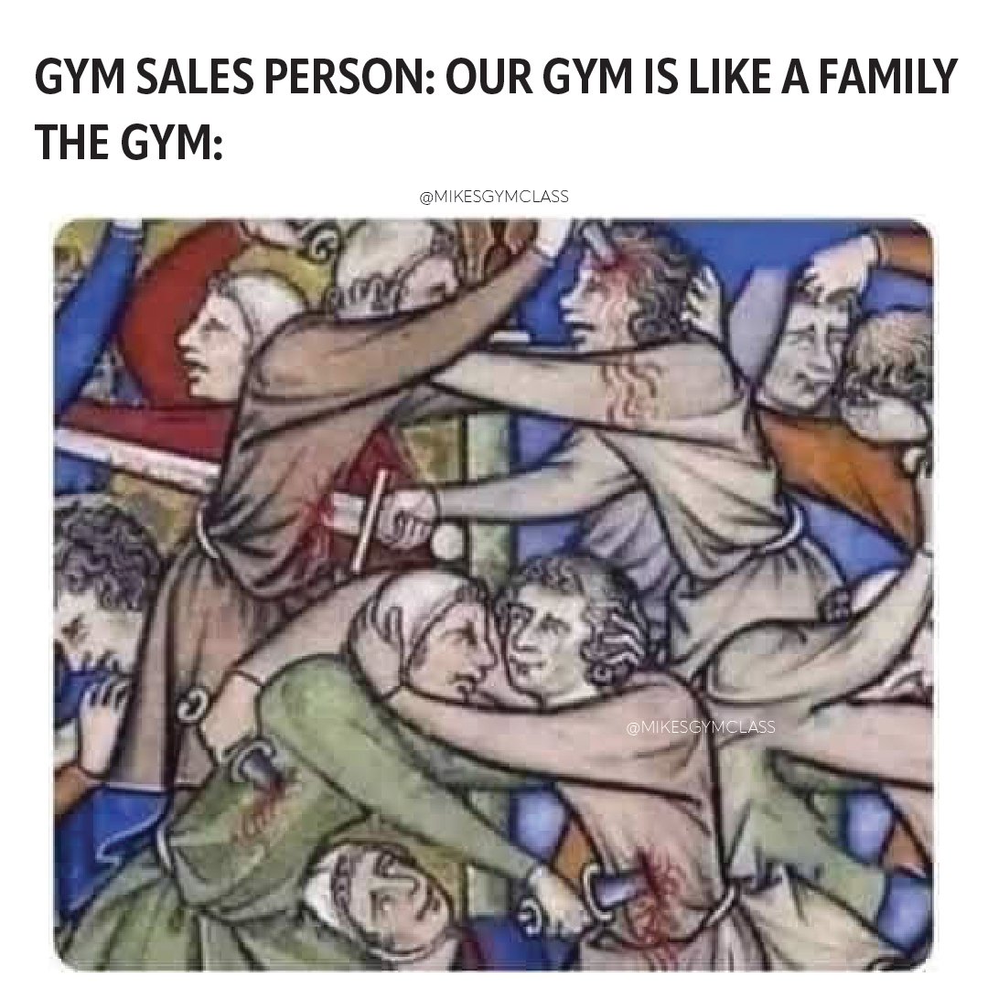 mikesgymclass's tweet photo. "We are a community...A family."
That is until you want to work in and use some equipment equipment.
#meme #mikesgymclass #fitness #gym #fitness #gymlife #funny #exercise #instabest #wednesday https://t.co/AxOa4MfhPA