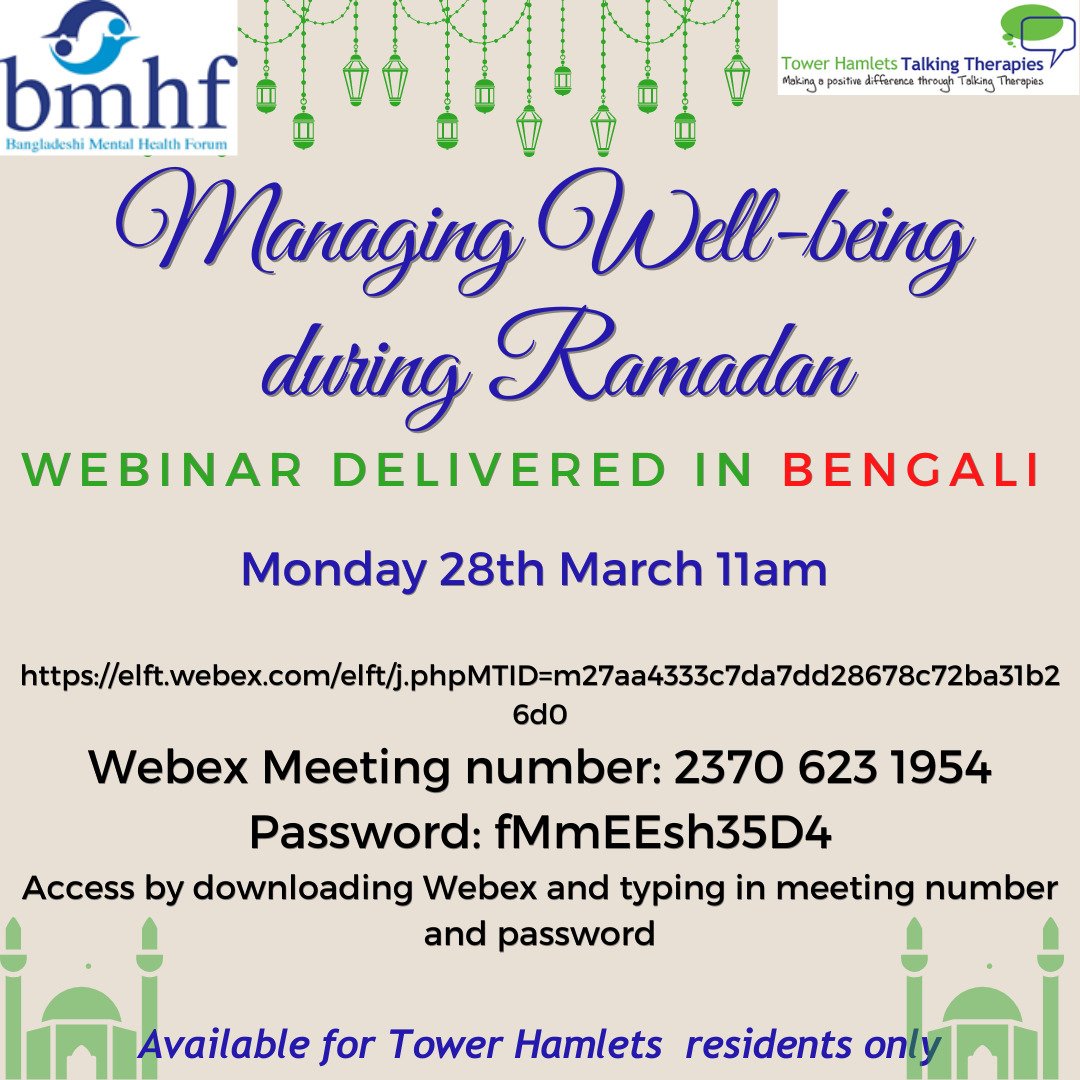 Bangladeshi Mental Health Forum (BMHF) (@mentalforum) on Twitter photo In partnership with <a href="/THTTherapies/">Tower Hamlets Talking Therapies</a>, we have a organised a webinar on managing wellbeing during Ramadan. This Webinar will be facilitated in Bengali. Please share and retweet. In partnership with <a href="/THTTherapies/">Tower Hamlets Talking Therapies</a>, we have a organised a webinar on managing wellbeing during Ramadan. This Webinar will be facilitated in Bengali. Please share and retweet.