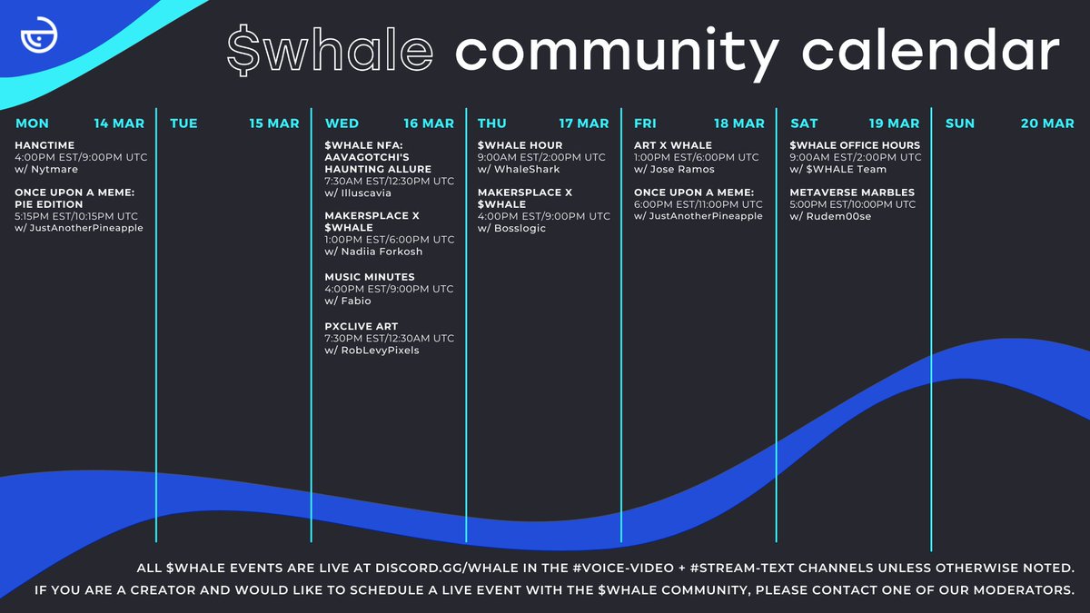 🤔 Have you ever been to a 
𓈗🐳𓈗 
$WHALE community event? 

1⃣👀Check out the calendar below

2⃣🪂 Drop by discord.gg/whale 

3⃣🎧Listen or 🗣️ join any of our interactive
              ⚡️ #livestream events! ⚡️

The best #NFTs are in the $WHALE VAULT ✅