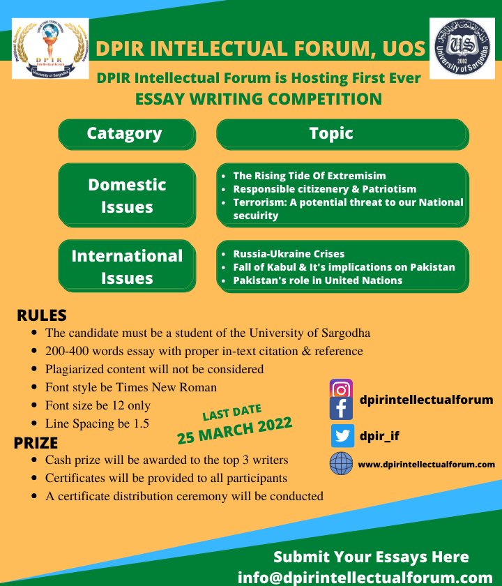dpir_if's tweet photo. DPIR Intellectual Forum is coming up with its first ever Essay Writing Competition for students of #University_of_Sargodha.The writing competition will be followed by a Certificate Distribution Ceremony. Top three essays will be published in #The_Intellectual_Insight_magazine https://t.co/iSe9pKSjVa