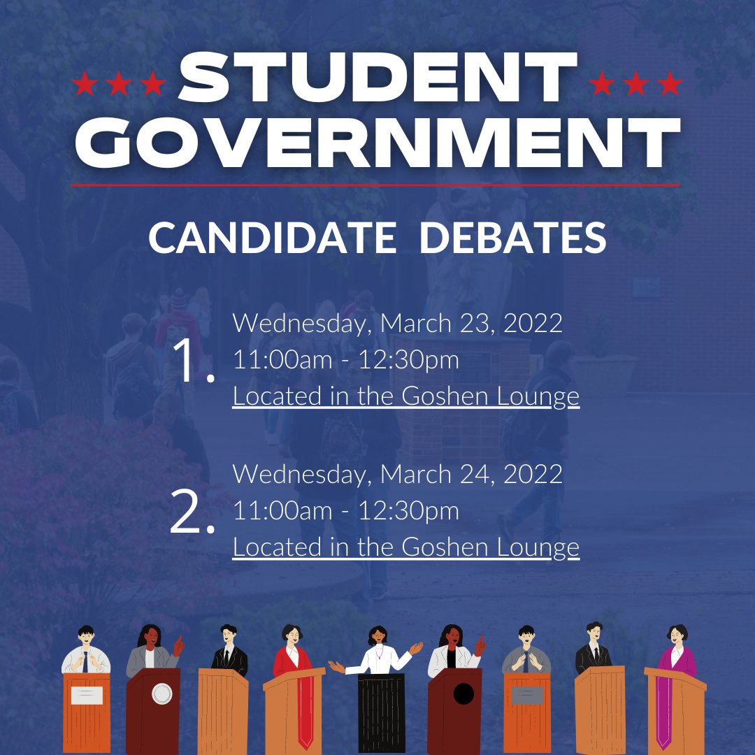 SGsiue's tweet photo. Hello! Are you interested in learning more about the candidates that are campaigning for this years elections? Please consider attending the candidate debates located in the goshen lounge. 

* Voting will begin March 29th and close March 30th * https://t.co/1FTmcyPIVn