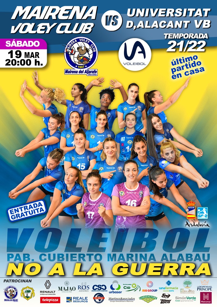 ÚLTIMO PARTIDO EN CASA! 
#GuerrerasAzules 💪
Nos despedimos de nuestra GRAN AFICIÓN frente al <a href="/UA_Universidad/">Universidad de Alicante UA</a>  
🎟️ GRATUITA! 👌
Tendremos un MONTÓN 😉 de REGALOS!! 👕🎒
Ven y colabora con los #Refugiados de #Ucrania en colaboración con la  <a href="/ROSARIOMAIRENA/">Hdad. Rosario</a> 💙💛
<a href="/MairenaAljarafe/">Mairena del Aljarafe</a>