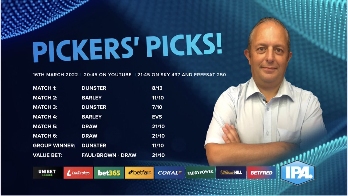 🎱Pickers Picks 🎱

Lots of betting available tonight for the Event 3 Final with our betting partners.

Who do you think will win and take that last place in the Grand Final?
<a href="/IPAPool/">IPA Pool 🎱</a> <a href="/tv_sporty/">SportyStuffTV</a> <a href="/GaryWiltshire16/">Gary Wiltshire</a> <a href="/pickworth_marc/">Marc pickworth</a>