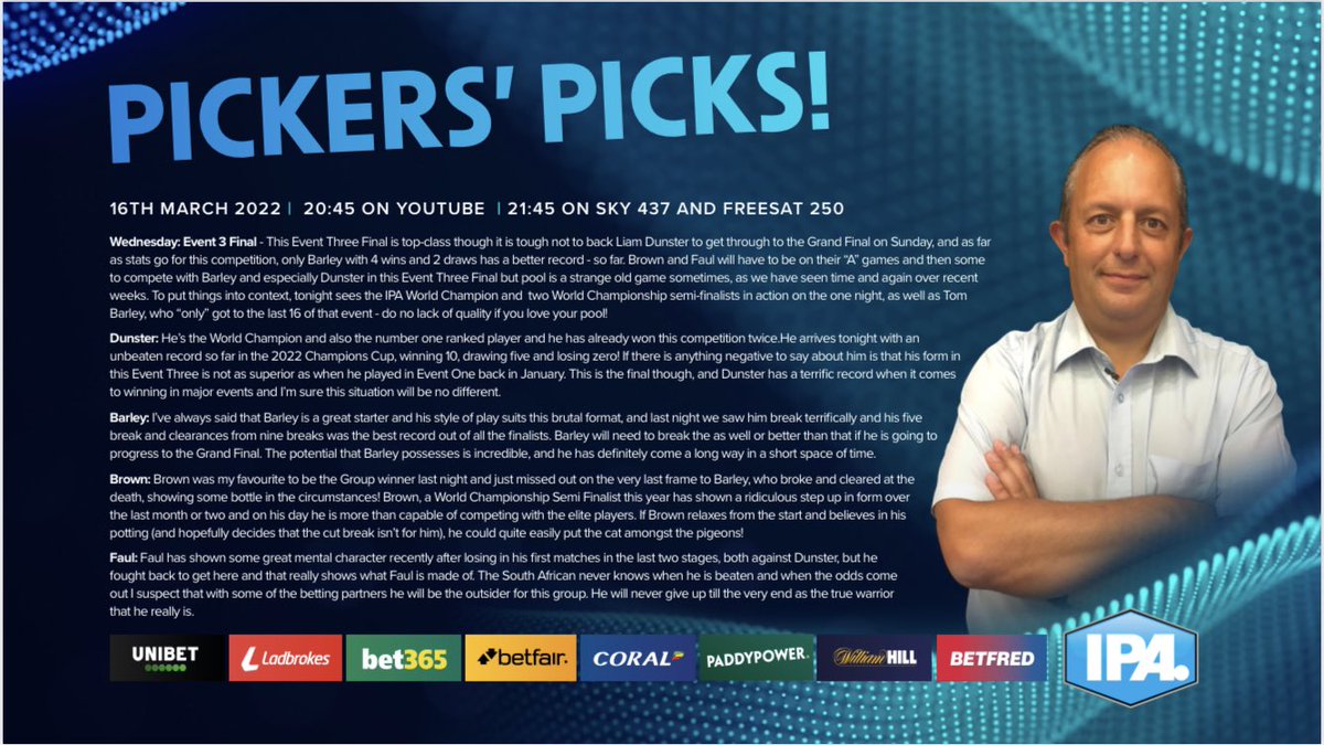 PickersPicks's tweet photo. 🎱Pickers Picks 🎱

Lots of betting available tonight for the Event 3 Final with our betting partners.

Who do you think will win and take that last place in the Grand Final?
@IPAPool @tv_sporty @GaryWiltshire16 @pickworth_marc https://t.co/d93hBbNkyw