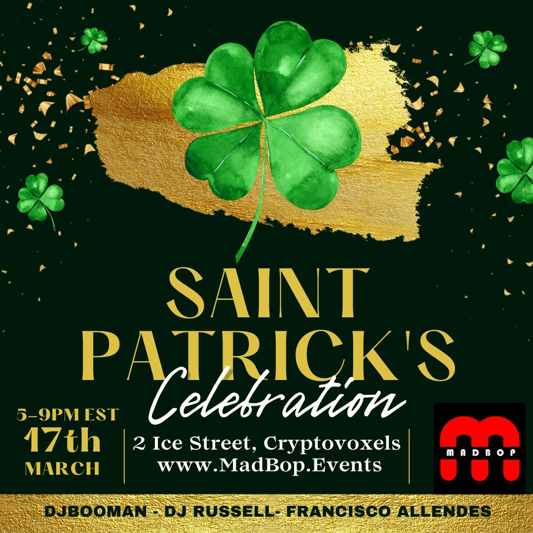 officialmadbop's tweet photo. Only 1 day left to go for the St.Patrick Cryptovoxel party with #MadBop! We can't wait to have another party with you all and celebrate with other communities like @bzombiesc @TheCryptoPills @DegenDachshunds and many other communities! 

Retweet and share this with your friends! https://t.co/lwdcOjjgtP