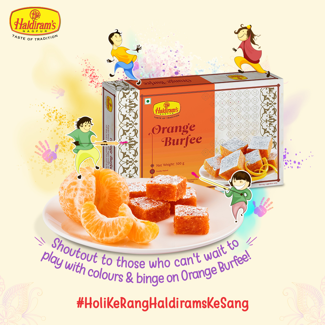 NagpurHaldirams's tweet photo. This Holi, no full-stops on fun or bingeing! So go all out &amp; have a blast with gulal, friends &amp; of course, the yumminess of Haldiram's legendary Orange Burfee. ✨
#HaldiramsNagpur  #Holi2022  #WeekendPlans #Mithai #OrangeBurfee #HoliKeRangHaldiramsKeSang  #Sweets #Haldirams https://t.co/p1am0D3WlN