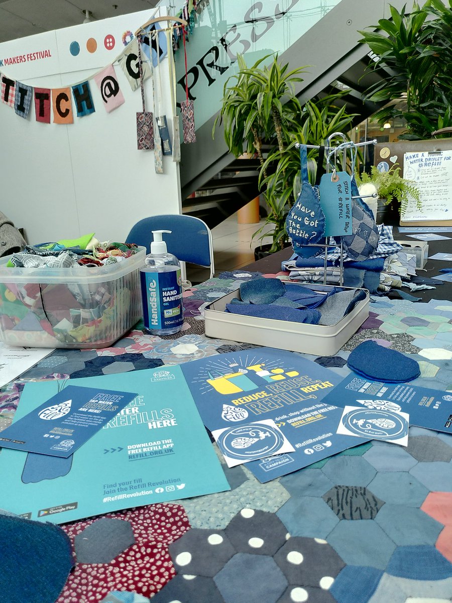 saywithstitchGY's tweet photo. We enjoyed a lovely day out to #NorfolkMakersFestival!
We led a session making craftivist patches &amp; @Refill inspired droplets 💧💙
In addition, our Threads of Survival quilt, created during COVID Lockdowns, is on display at @StPeterMancroft as part of the Festival https://t.co/ONawp2hkZr