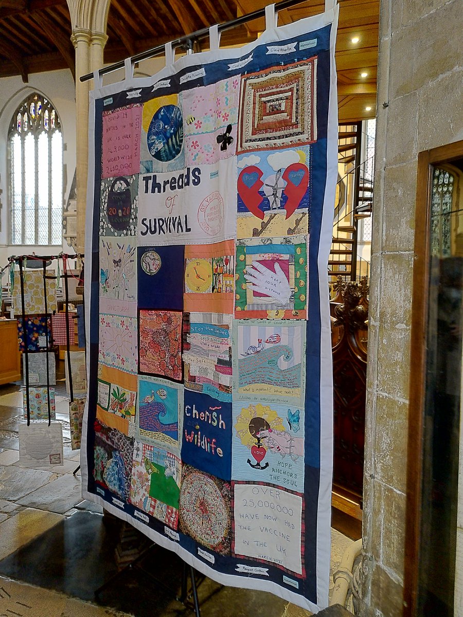 saywithstitchGY's tweet photo. We enjoyed a lovely day out to #NorfolkMakersFestival!
We led a session making craftivist patches &amp; @Refill inspired droplets 💧💙
In addition, our Threads of Survival quilt, created during COVID Lockdowns, is on display at @StPeterMancroft as part of the Festival https://t.co/ONawp2hkZr