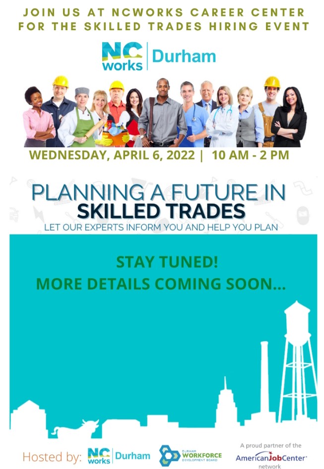 #SaveTheDate! We will be hosting a Skilled Trades Hiring Event on Wednesday, April 6th from 10 am until 2 at our office on 1105 South Briggs Avenue.  Be sure to follow us and stay tuned for more information about this exciting upcoming event! #tradejobs #durhamcareers #bullcity