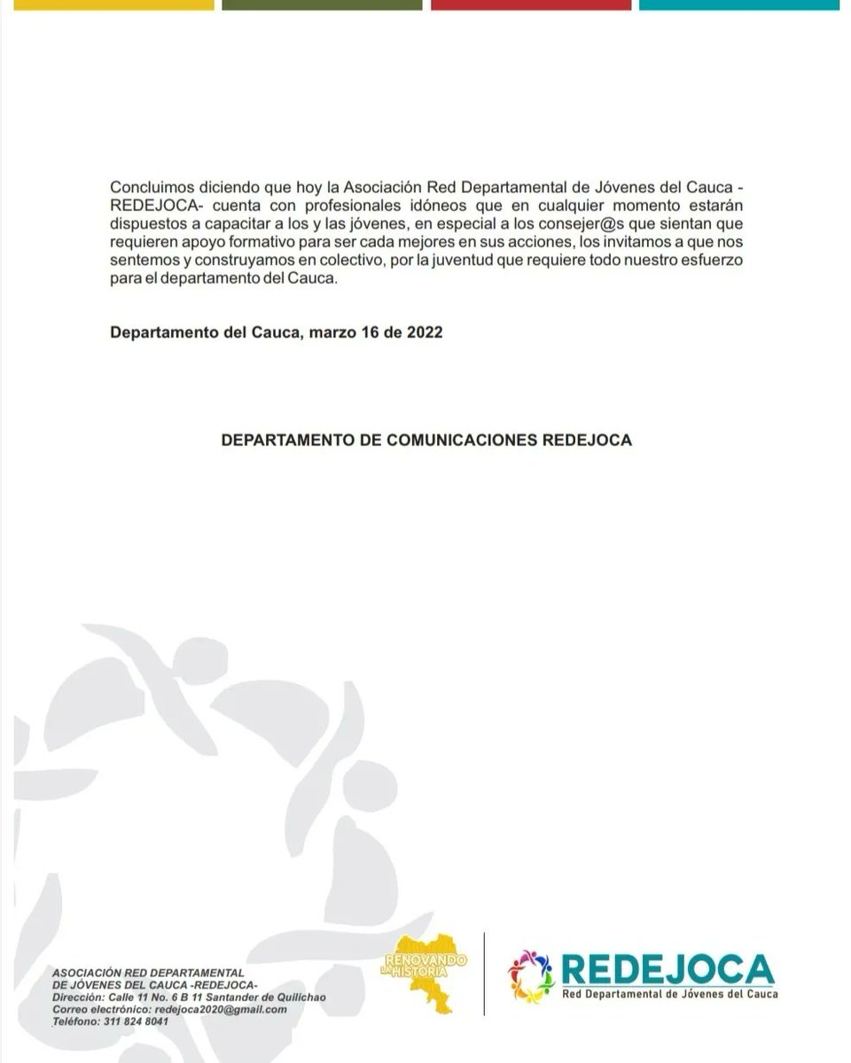 📃 [Comunicado] La Red Departamental de Jóvenes del Cauca -REDEJOCA- informa a la opinión pública

#REDEJOCA
#ConsejerosJuvenilesNorteCauca
#PlataformaDepartamentalDeJuventudes