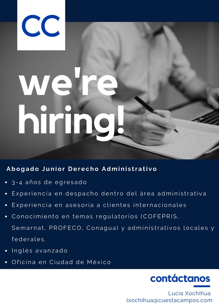 Si eres abogad@ y tienes de 3 a 4 años de egresado con experiencia en derecho administrativo y regulatorio, esta vacante es para ti. Envía tu CV a lxochihua@cuestacampos.com 📩📝