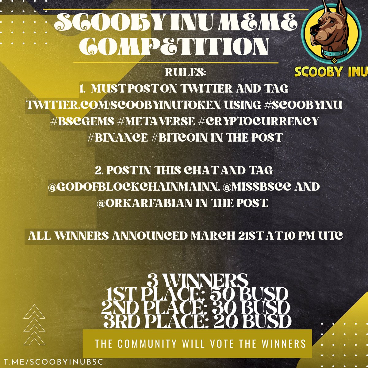ScoobyInuToken's tweet photo. Scooby inu meme competition is live!!!
•Incredible prizes to be won by 3 lucky winners.
•community to decide the best memes.
Follow the steps In the flyer below to participate.
https://t.co/nMxAbk8CWQ 

#bnb #binance #cryptocurrency #bscgems https://t.co/RVtCT9oXD4