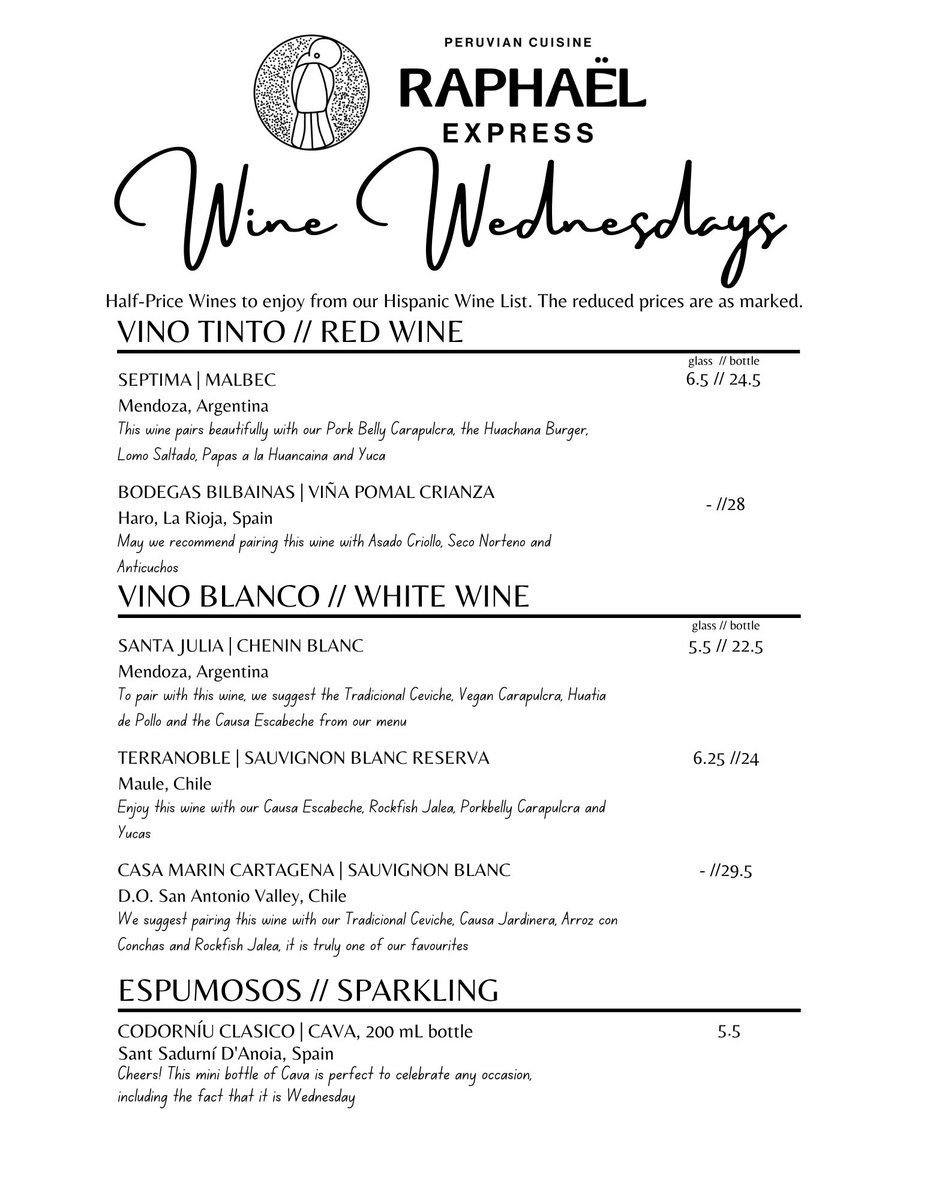 RaphaelExpress's tweet photo. It’s Wednesday! We’re showcasing our Hispanic Wine list by offering glasses &amp; bottles of our carefully selected wines at half price! This wines pair beautifully with our Peruvian food. Join us! https://t.co/Yv4ZgpSi6A https://t.co/MyORrs4euo