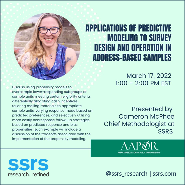 ssrs_research's tweet image. TOMORROW is 🍀St. Patrick&apos;s Day🍀 and SSRS Chief Methodologist @cameronbrook is presenting an AAPOR webinar at 1PM. 

Learn more and register: 
aapor.org/Education-Reso…

#AAPOR #SurveyResearch #AddressBasedSample #SurveyDesign #SurveyMethodology #PublicOpinionResearch