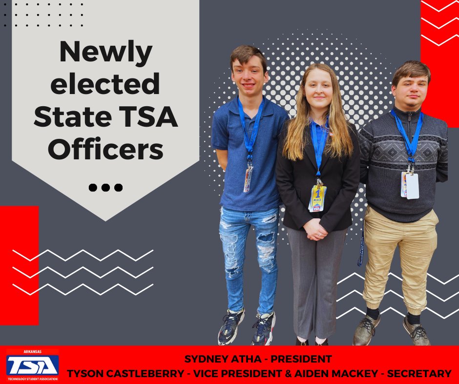 AlmaSchools's tweet photo. Congratulations to Alma High School students Sydney Atha, Tyson Castleberry, and Aiden Mackey! They are the newly elected Arkansas TSA State Officers for the 22-23 school year. State officers are vital in the preparation of leadership conferences and state conferences. https://t.co/U8iMR19FLT