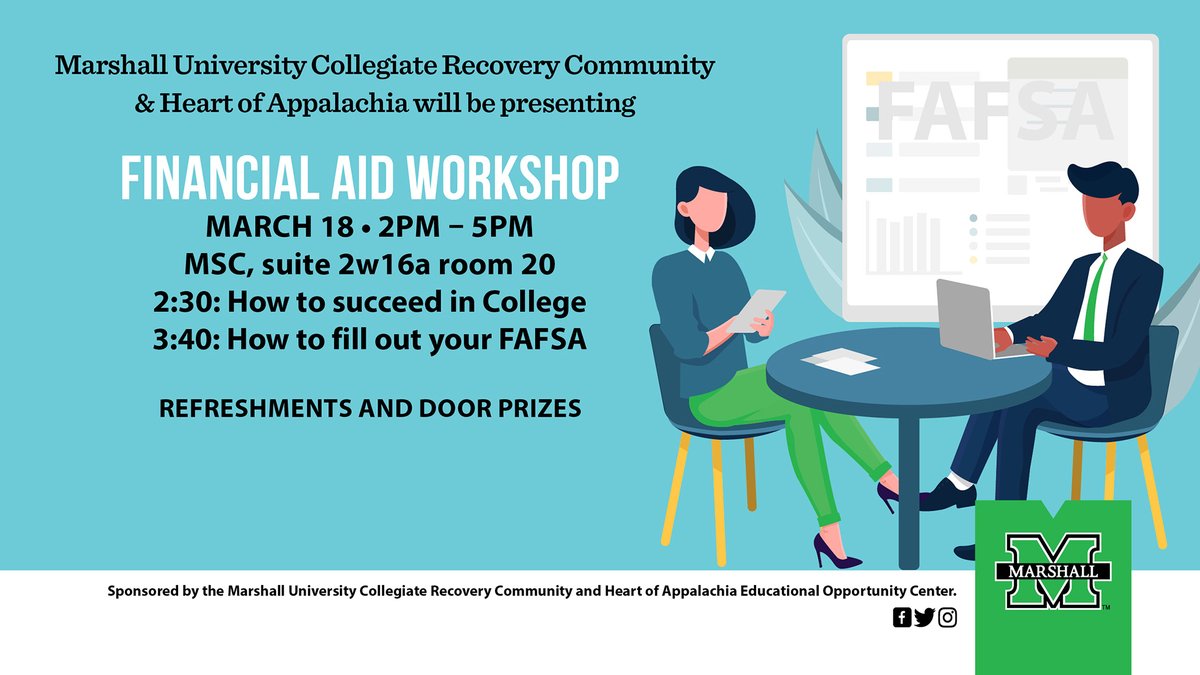 HerdConWV's tweet photo. Upcoming Financial Aid workshop on March 18th for those interested in coming to Marshall or already here. https://t.co/L2cSx9VpXc