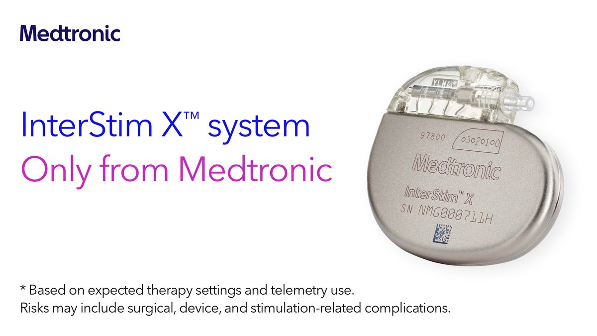 MDTPelvicHealth's tweet photo. InterStim X™ system is the next generation of the most prescribed SNM  therapy offering your patients over 10 years of battery life.*https://t.co/pVBfPN3l33 Risks may include surgical, device, and stimulation-related complications. Important safety info: https://t.co/4kVl7VsNtY https://t.co/5ZONExqdge