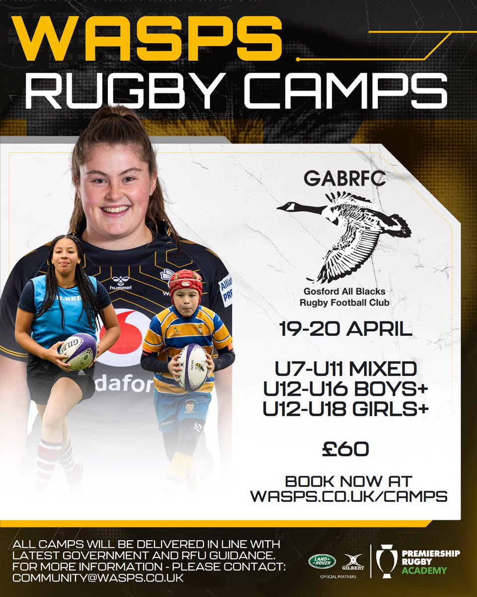 WaspsCommunity's tweet photo. We can't wait for our Easter Rugby Camps!

Coming to a club near you 👀

📍 @TamworthRUFC 
📍 @ClaverdonRFC 
📍 @GABRFCYouth 
📍 @thenuns 

For more info and to book - head to https://t.co/qjRhPcSojR

Come and learn to play the #WaspsWay

#WaspsAlways https://t.co/I6dJvXjHHN