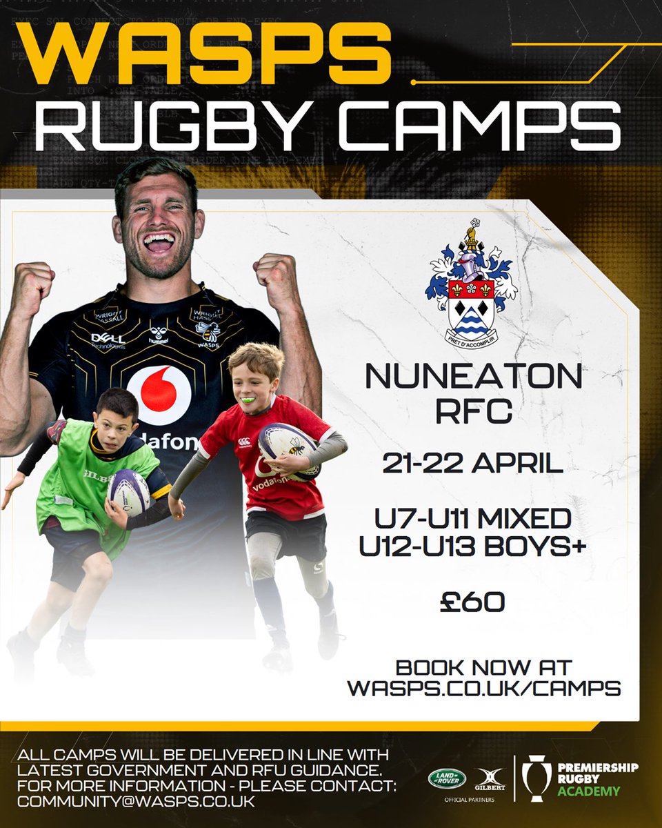 WaspsCommunity's tweet photo. We can't wait for our Easter Rugby Camps!

Coming to a club near you 👀

📍 @TamworthRUFC 
📍 @ClaverdonRFC 
📍 @GABRFCYouth 
📍 @thenuns 

For more info and to book - head to https://t.co/qjRhPcSojR

Come and learn to play the #WaspsWay

#WaspsAlways https://t.co/I6dJvXjHHN