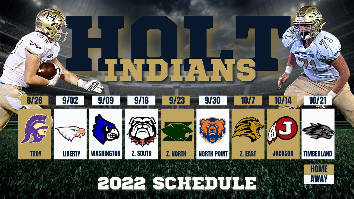 NationHolt's tweet photo. The 2022 Indians Football Schedule is here! Is it August yet? LET’S GO HOLT! @HoltFB #FearTheTribe #holtfootball #IndianNation https://t.co/kbqVKuDQoR