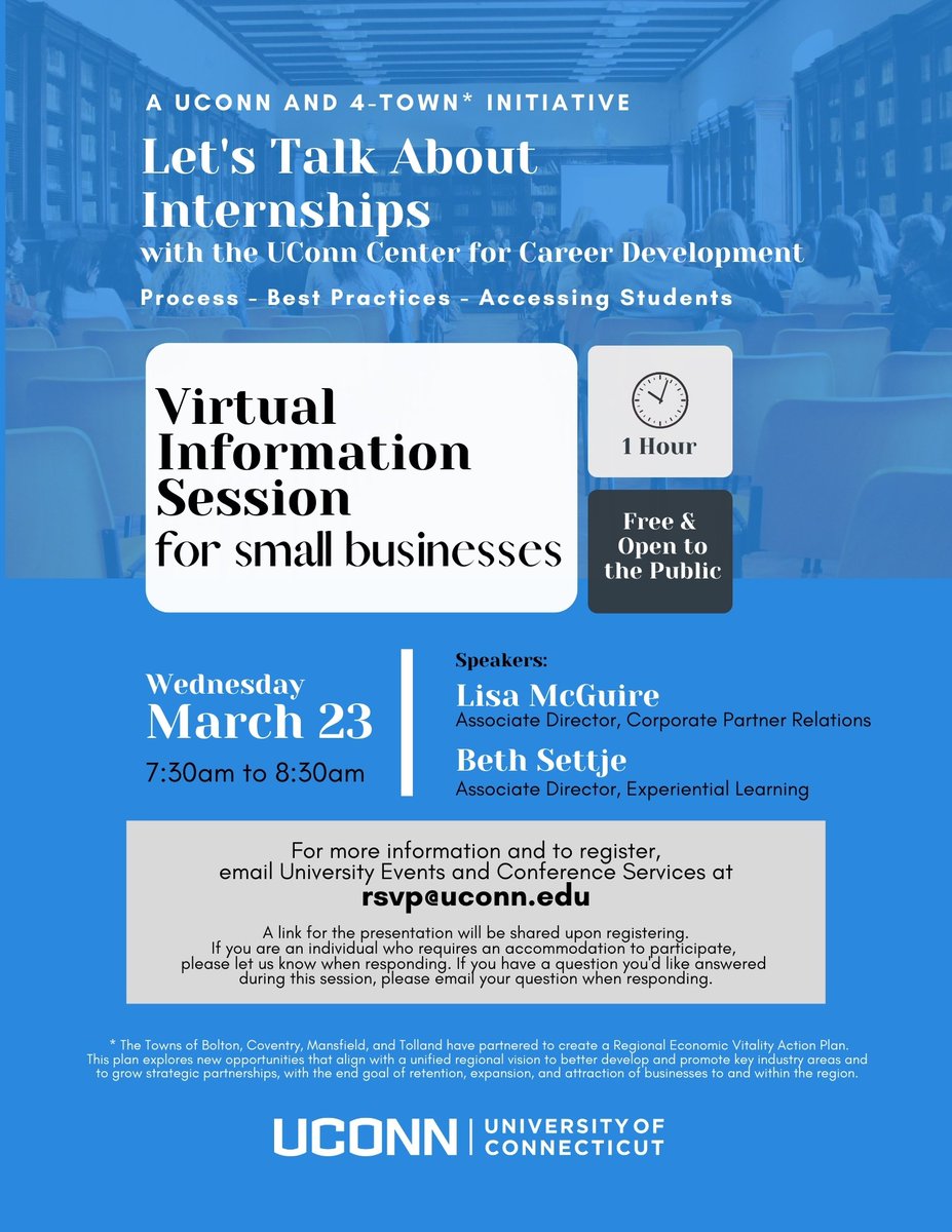 TownOfBoltonCT's tweet photo. Let's Talk About Internships! Check out this free one-hour webinar series for local businesses. This event is brought to you by the 4-Town Economic Vitality Initiative as well as the UConn Center for Career Development.
#boltonct #coventryct #mansfieldct #tollandct #UConn https://t.co/ByJcbp3NRw
