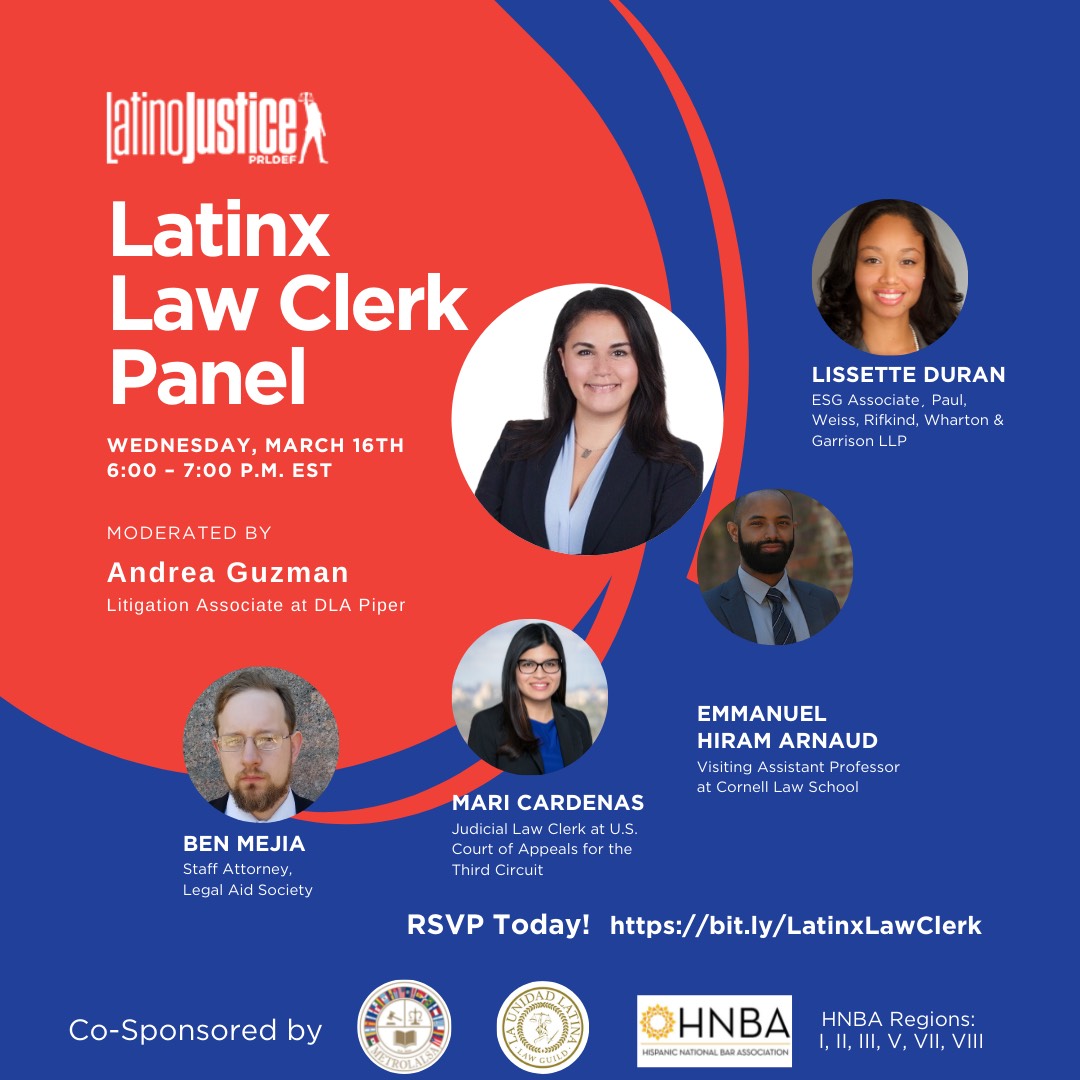 Looking forward to attending @latinojustice program this evening as they host former and current Latinx law clerks who will share their experience, best practices, and keys to success. To attend, please RSVP here: bit.ly/LatinxLawClerk