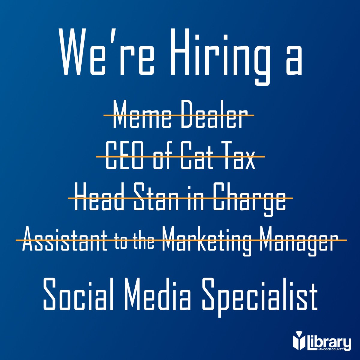 HancockLibrary's tweet image. HR rejected most of our job titles, but joke&apos;s on them - Marketing is about to have them outnumbered! Come work for the best team at the best business in Hancock County (we may be a bit biased #sorrynotsorry). Peep the deets at bit.ly/3MP37aC
 #marketingjobs #lisjobs