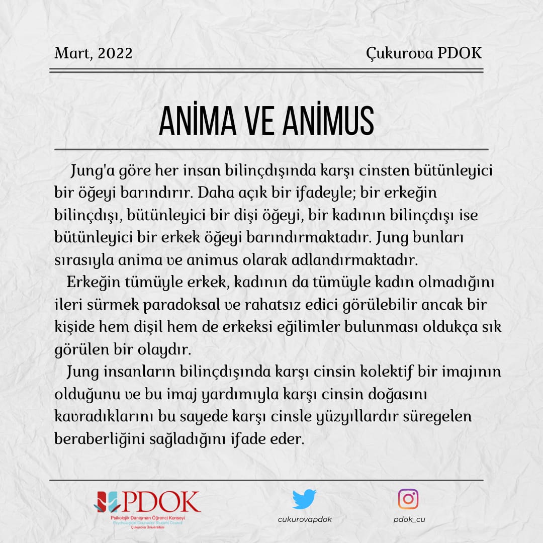 cukurovapdok's tweet photo. İyi akşamlar Çukurova PDOK ailesi!
Bugün Jung'un anima ve animus kavramlarını ele aldık.
İyi okumalar dileriz https://t.co/eCPdCsNvzg